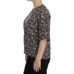 Gray Gold Key Print Silk Blouse T-shirt