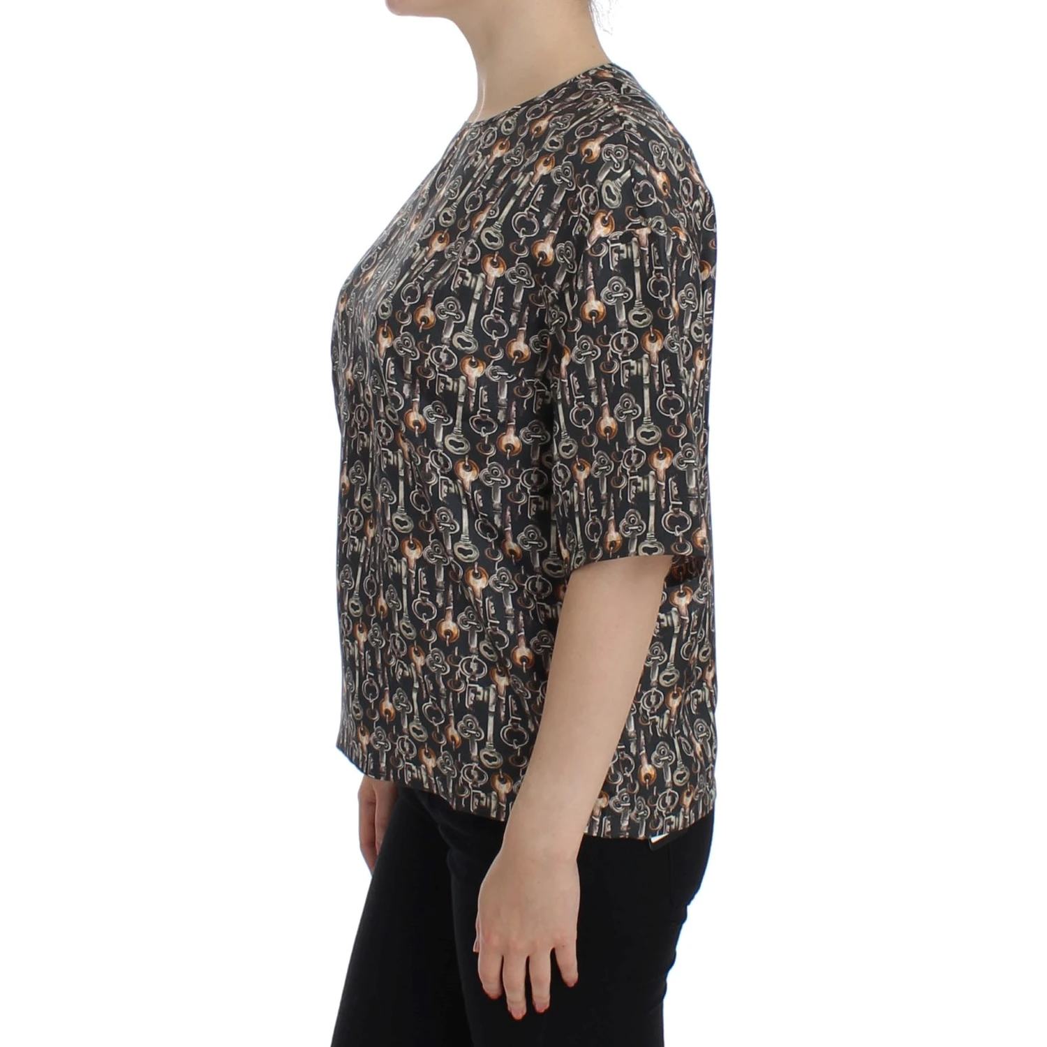 Gray Gold Key Print Silk Blouse T-shirt