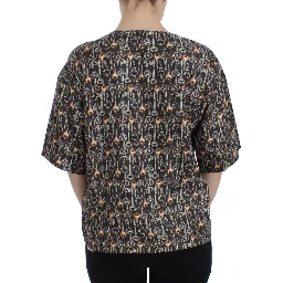 Gray Gold Key Print Silk Blouse T-shirt