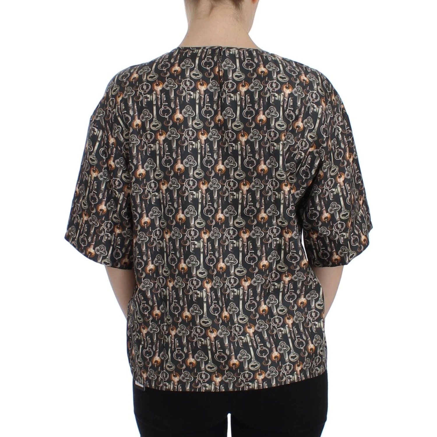 Gray Gold Key Print Silk Blouse T-shirt