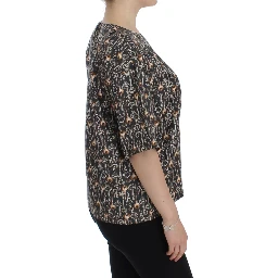 Gray Gold Key Print Silk Blouse T-shirt
