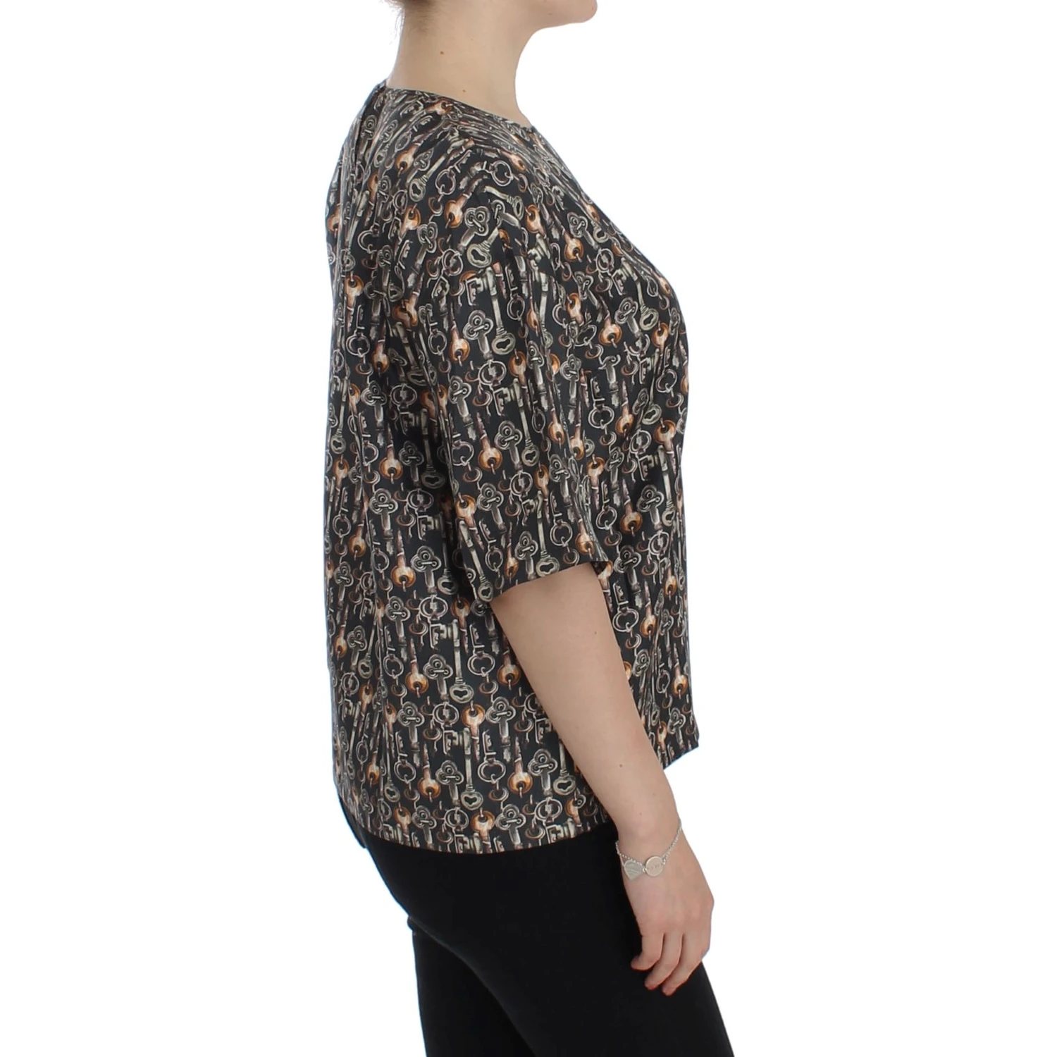 Gray Gold Key Print Silk Blouse T-shirt