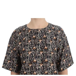 Gray Gold Key Print Silk Blouse T-shirt
