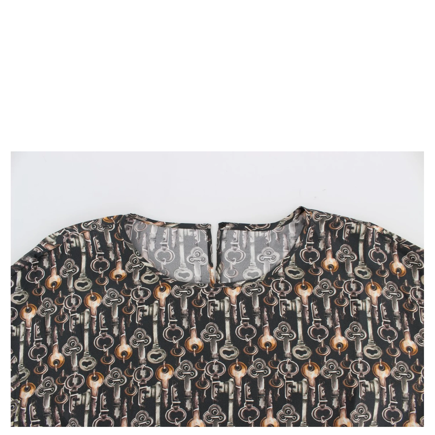 Gray Gold Key Print Silk Blouse T-shirt
