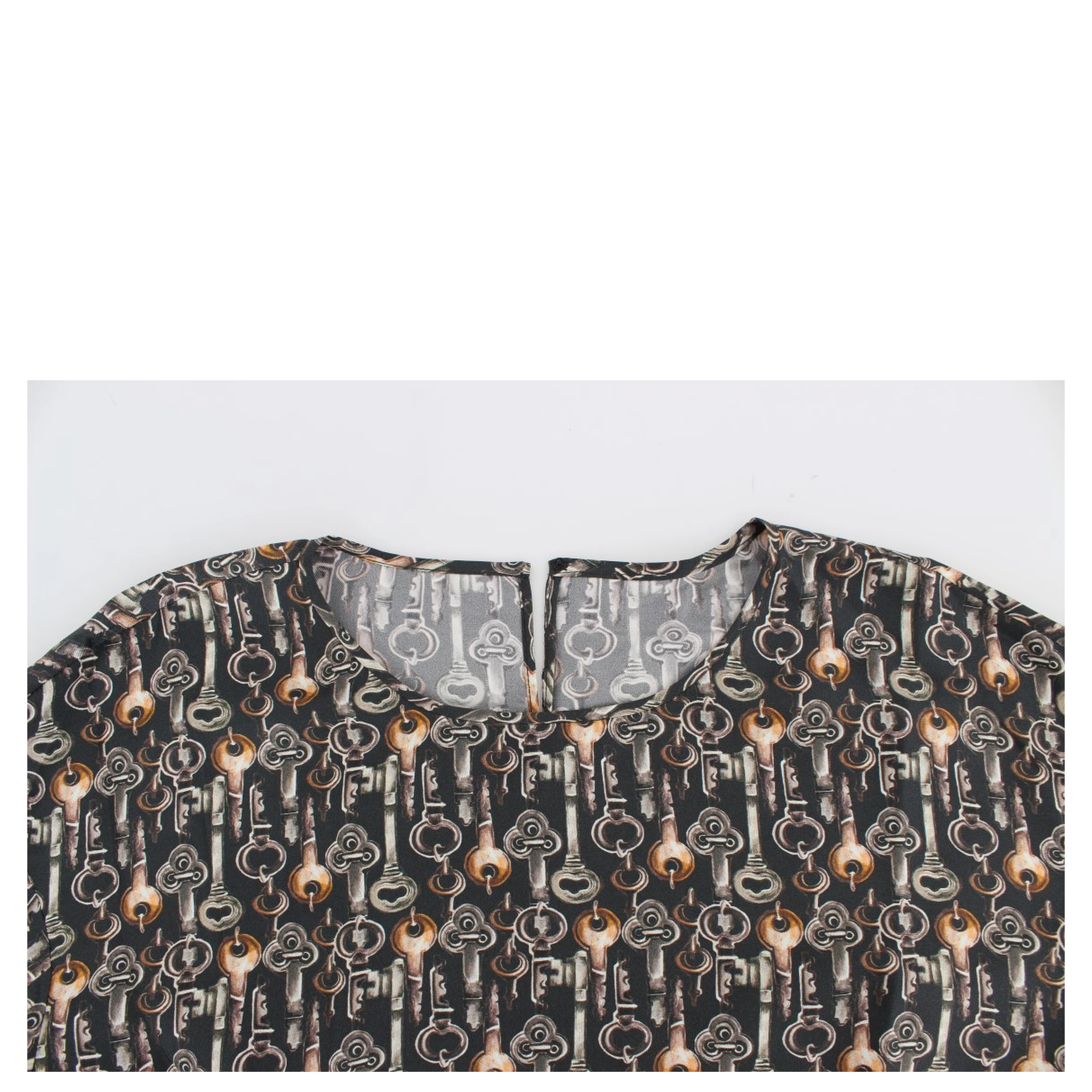 Gray Gold Key Print Silk Blouse T-shirt