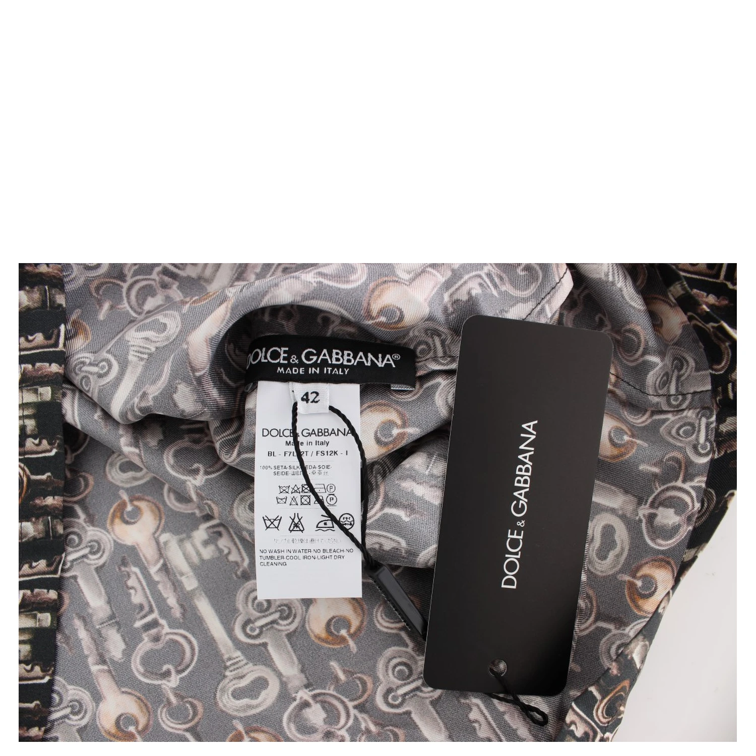 Gray Gold Key Print Silk Blouse T-shirt