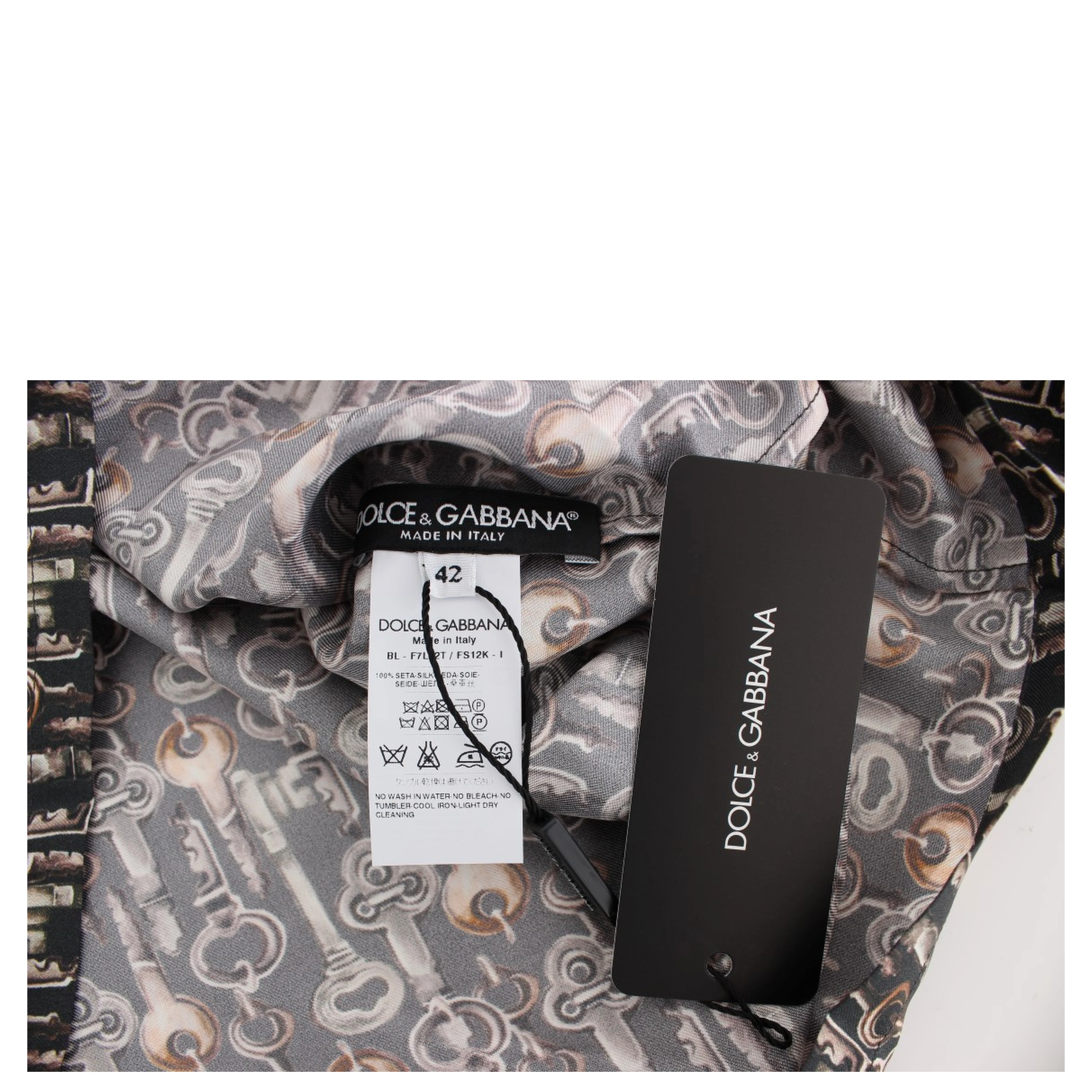 Gray Gold Key Print Silk Blouse T-shirt