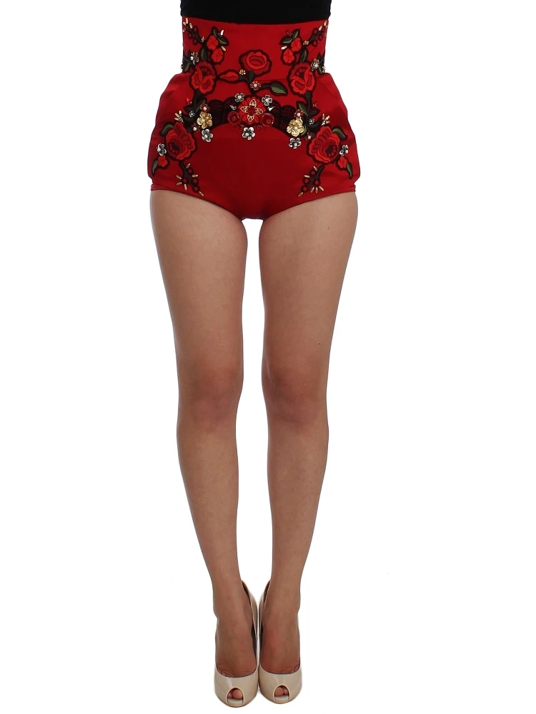 Red Silk Crystal Roses Shorts