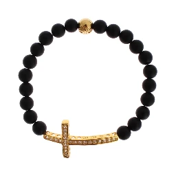 Matte Onyx Stone Gold CZ Cross 925 Silver Bracelet