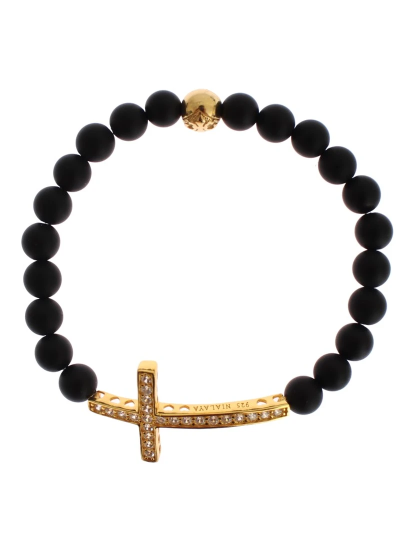 Matte Onyx Stone Gold CZ Cross 925 Silver Bracelet