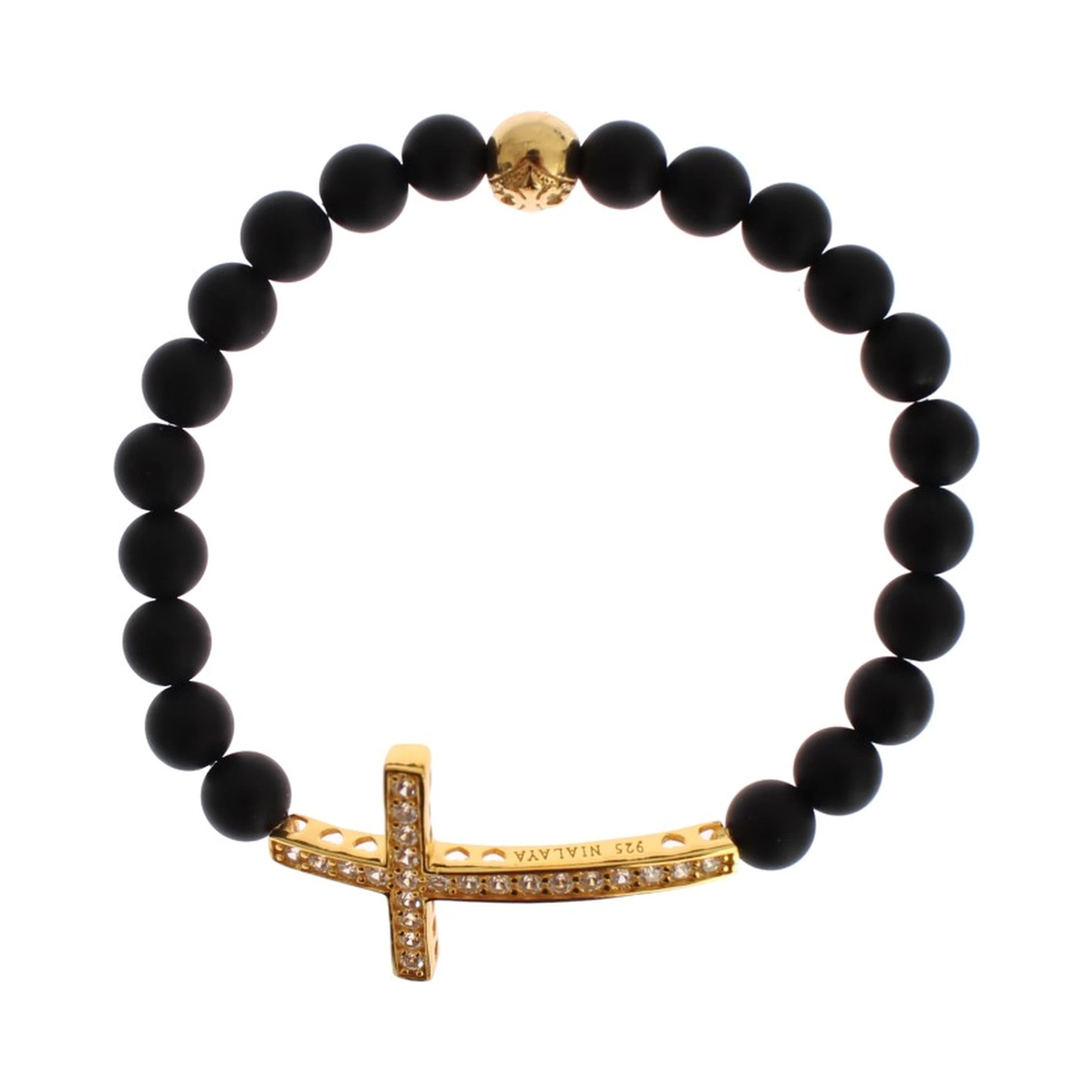 Matte Onyx Stone Gold CZ Cross 925 Silver Bracelet
