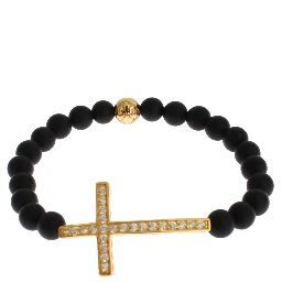 Matte Onyx Stone Gold CZ Cross 925 Silver Bracelet