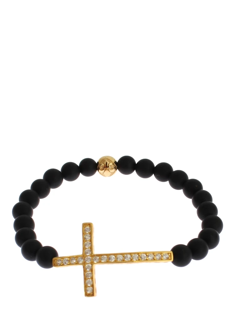 Matte Onyx Stone Gold CZ Cross 925 Silver Bracelet alternative