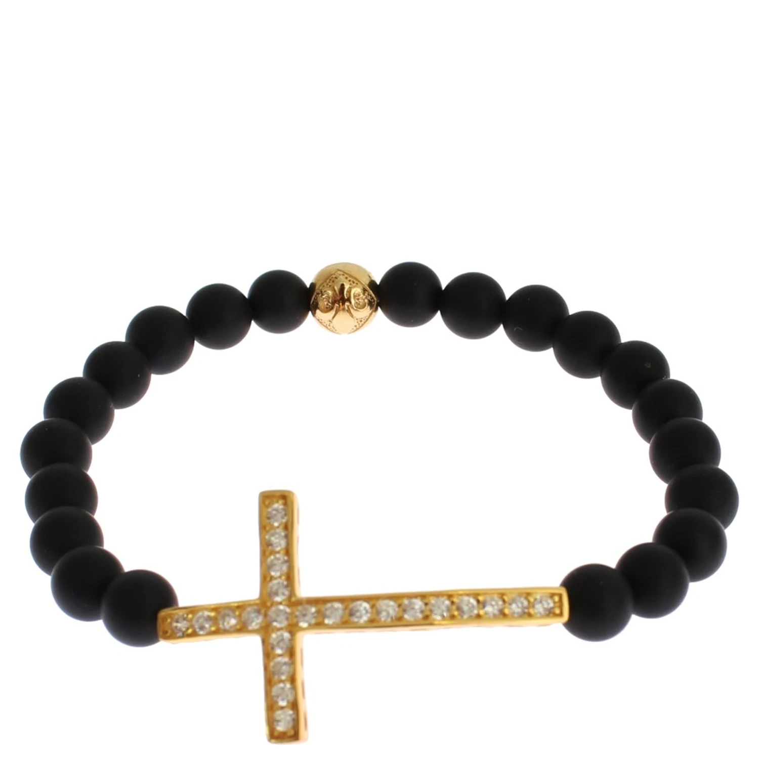Matte Onyx Stone Gold CZ Cross 925 Silver Bracelet