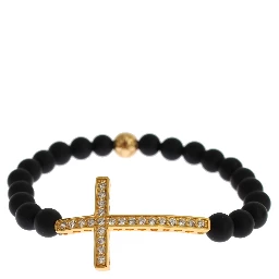 Matte Onyx Stone Gold CZ Cross 925 Silver Bracelet