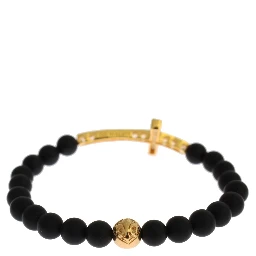 Matte Onyx Stone Gold CZ Cross 925 Silver Bracelet