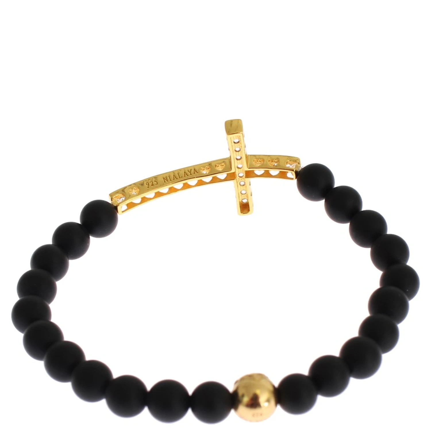 Matte Onyx Stone Gold CZ Cross 925 Silver Bracelet