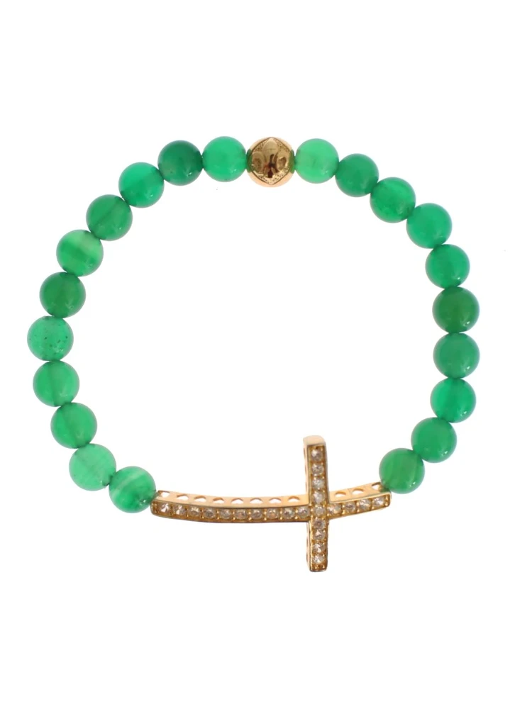 Jade Stone Gold CZ Cross 925 Silver Bracelet