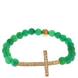 Jade Stone Gold CZ Cross 925 Silver Bracelet
