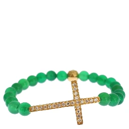 Jade Stone Gold CZ Cross 925 Silver Bracelet