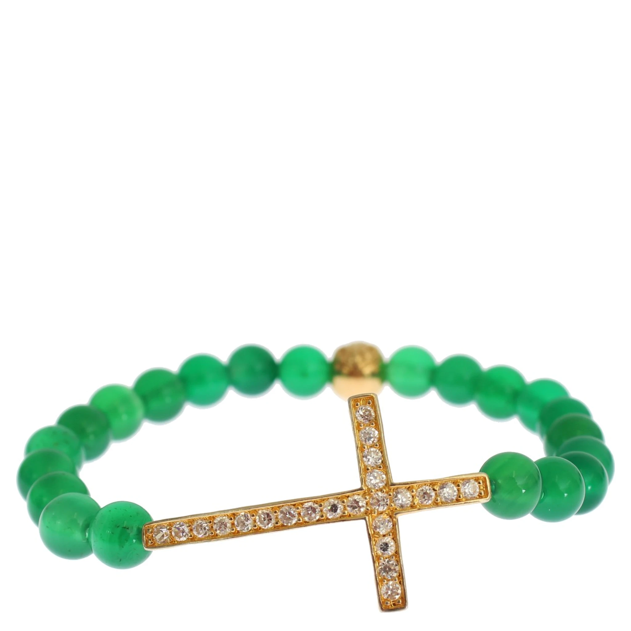 Jade Stone Gold CZ Cross 925 Silver Bracelet