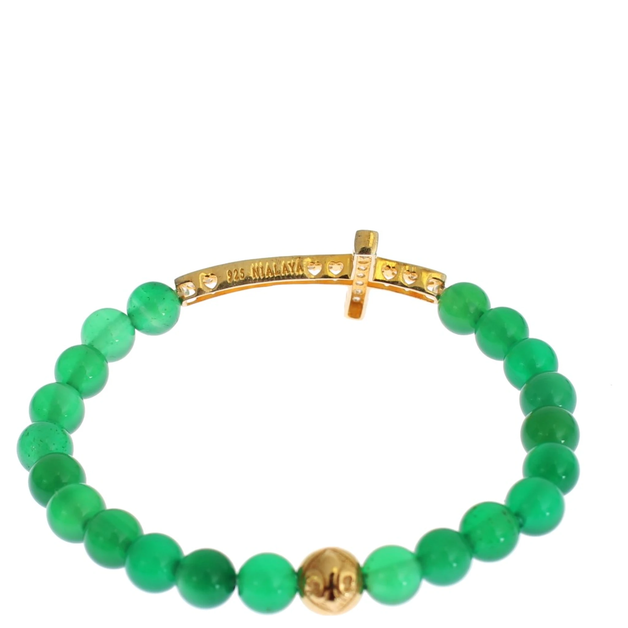 Jade Stone Gold CZ Cross 925 Silver Bracelet