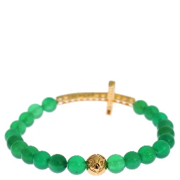 Jade Stone Gold CZ Cross 925 Silver Bracelet