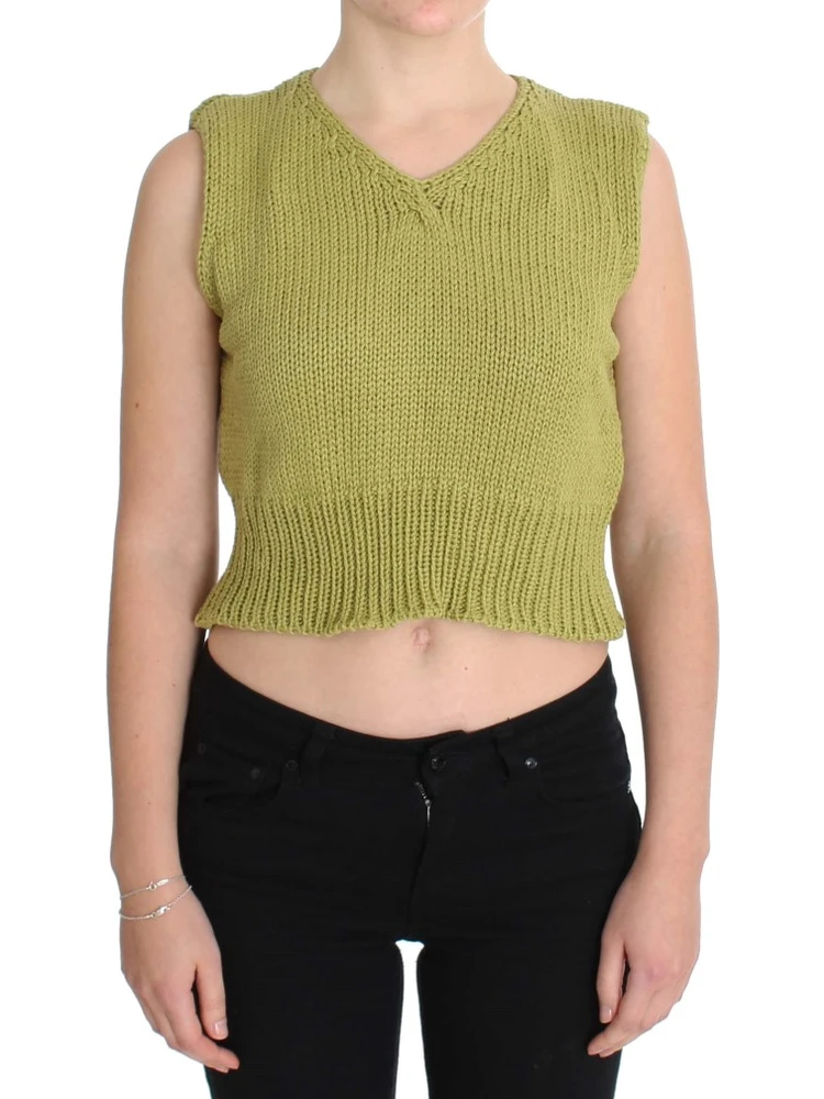 Green Cotton Blend Knitted Sleeveless Sweater