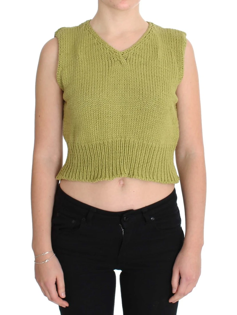 Green Cotton Blend Knitted Sleeveless Sweater