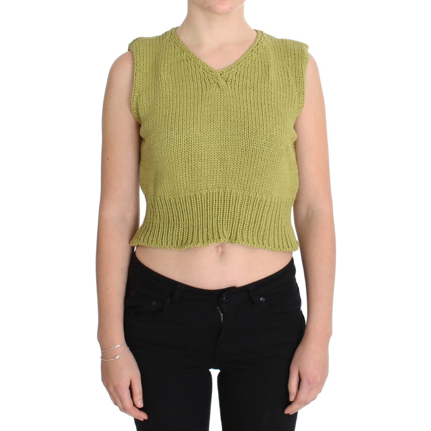 Green Cotton Blend Knitted Sleeveless Sweater