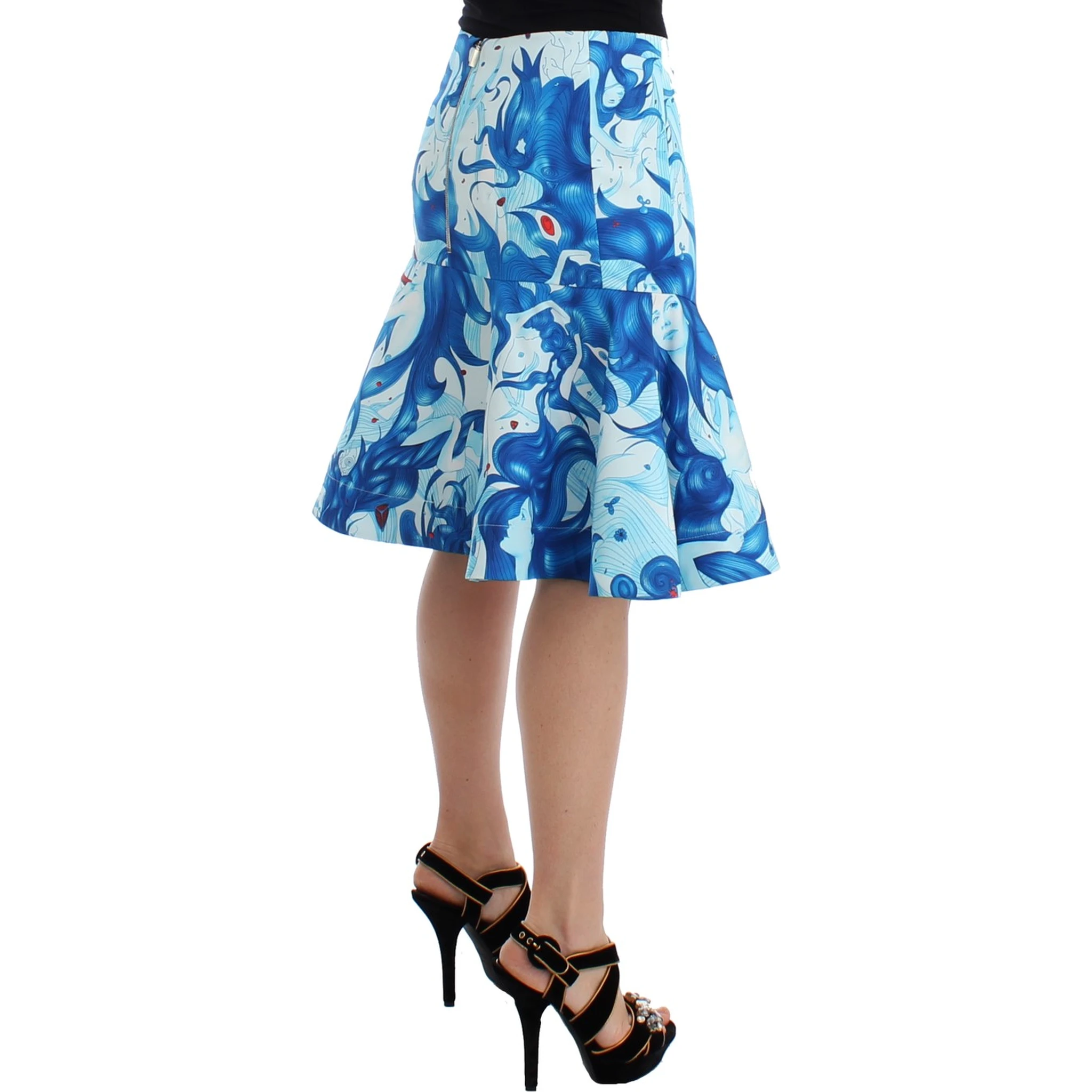 Blue Peplum Fresco-Print Straight Pencil Skirt