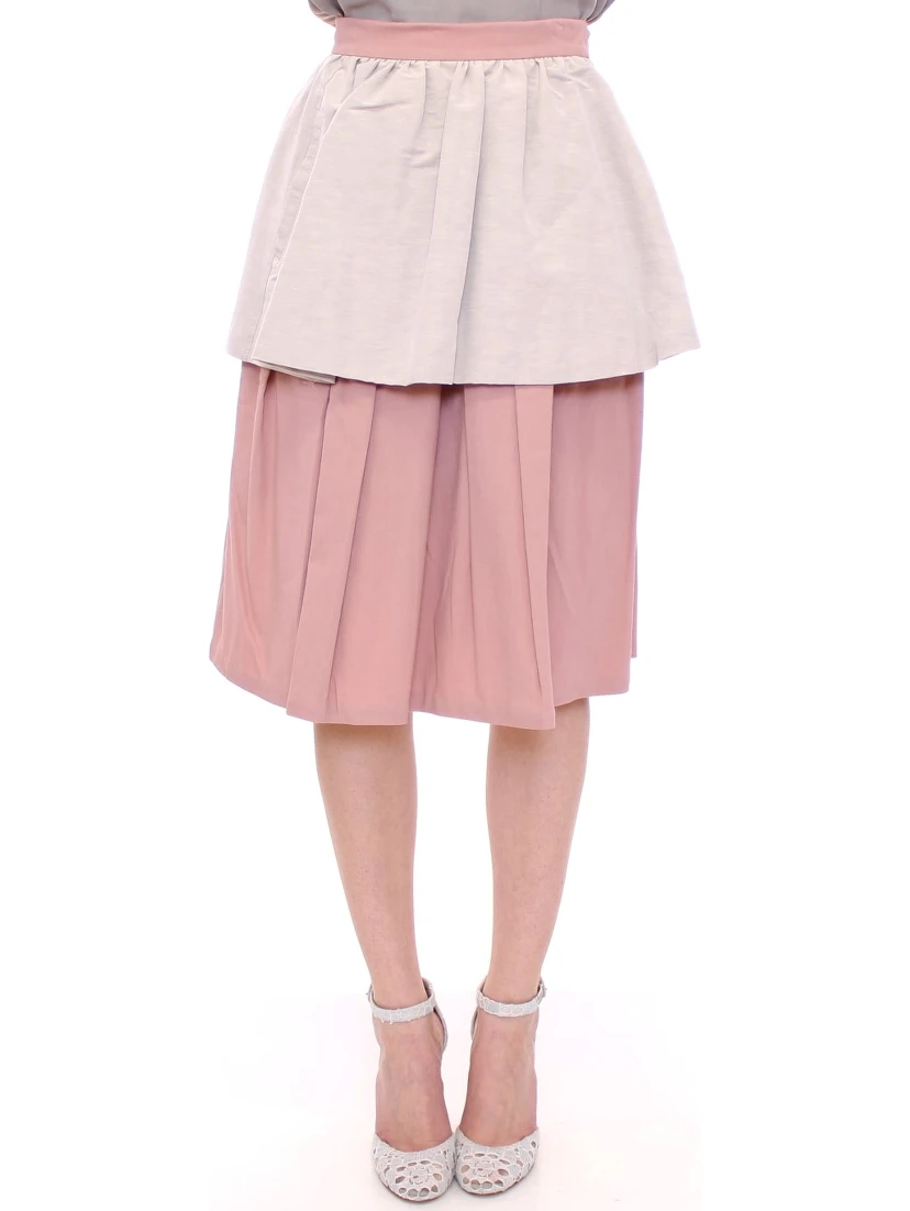 Pink Gray Knee-Length Pleated Skirt