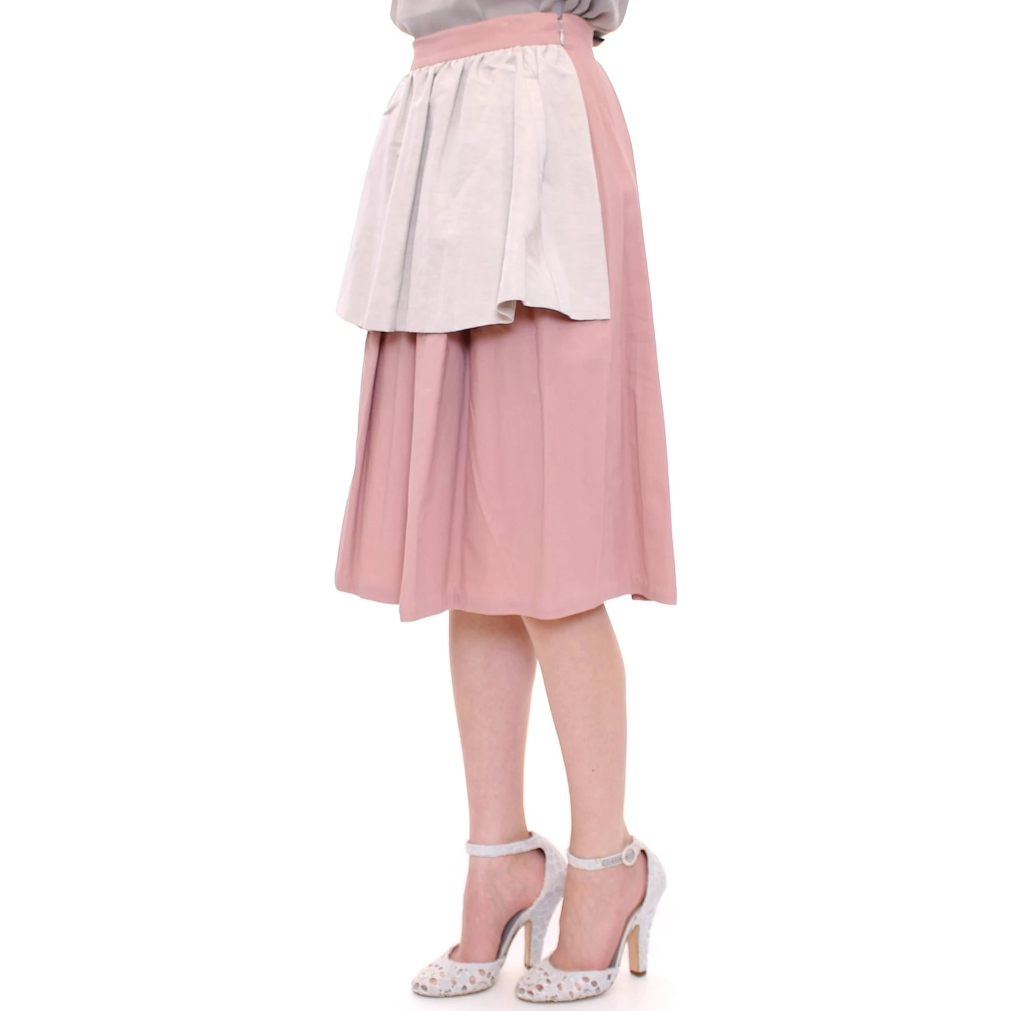 Pink Gray Knee-Length Pleated Skirt