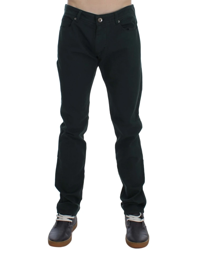 Green Cotton Denim Stretch Straight Fit Jeans