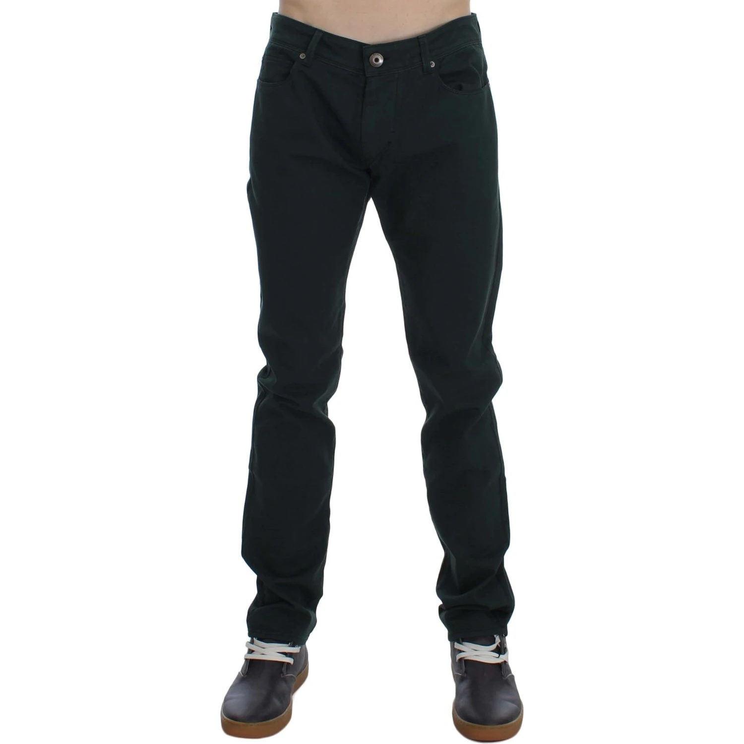 Green Cotton Denim Stretch Straight Fit Jeans
