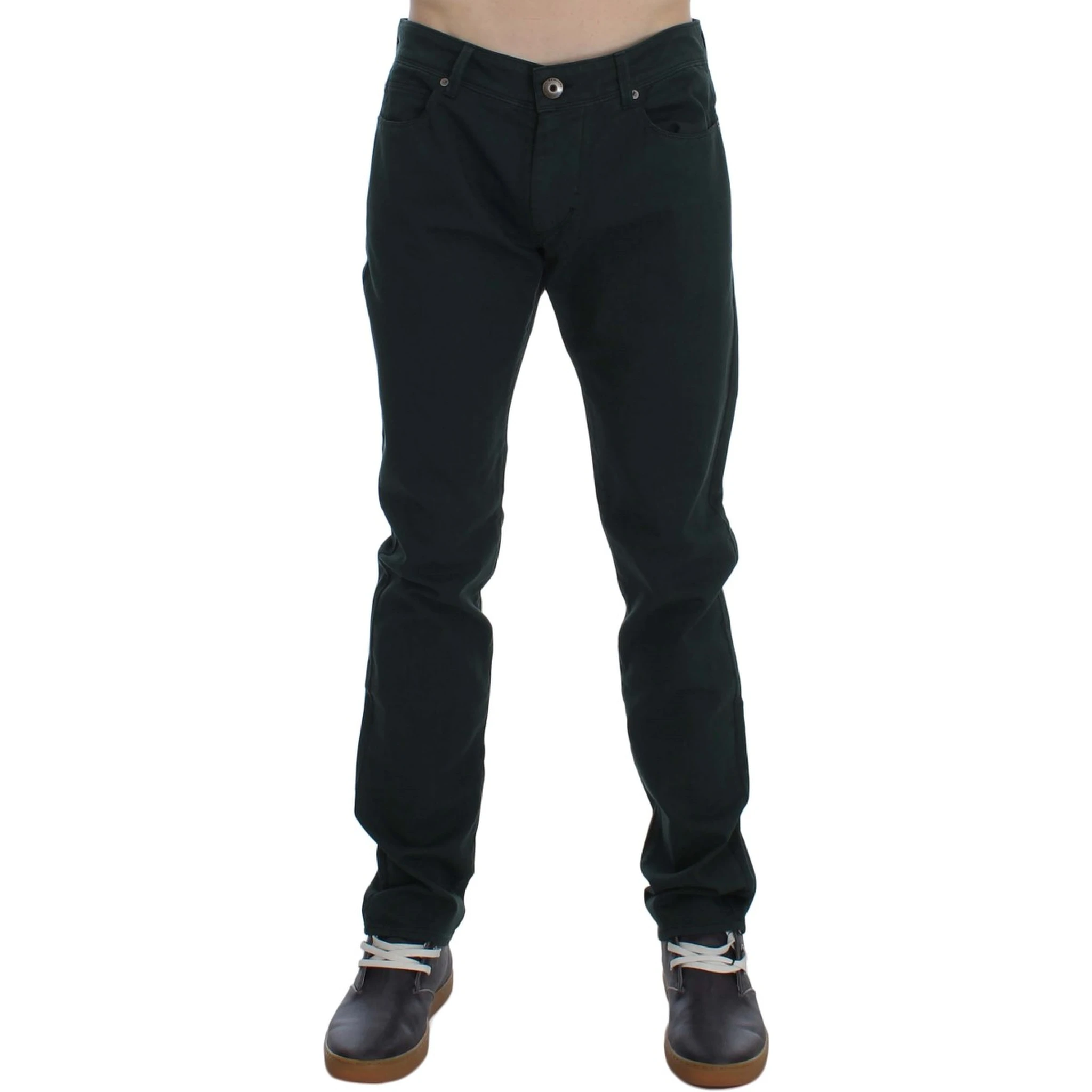 Green Cotton Denim Stretch Straight Fit Jeans