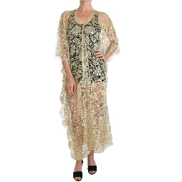 Gold Floral Lace Crystal Gown Cape Dress