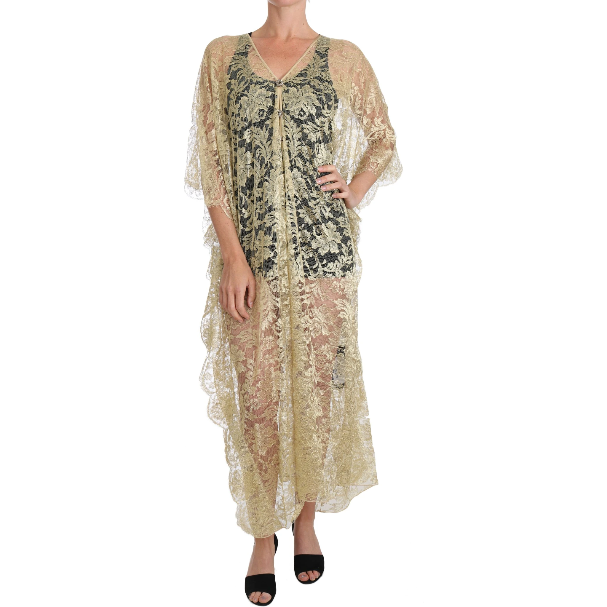 Gold Floral Lace Crystal Gown Cape Dress