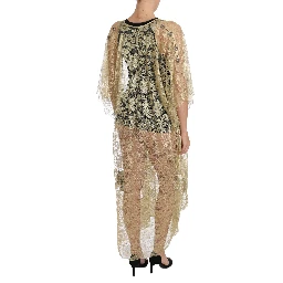 Gold Floral Lace Crystal Gown Cape Dress