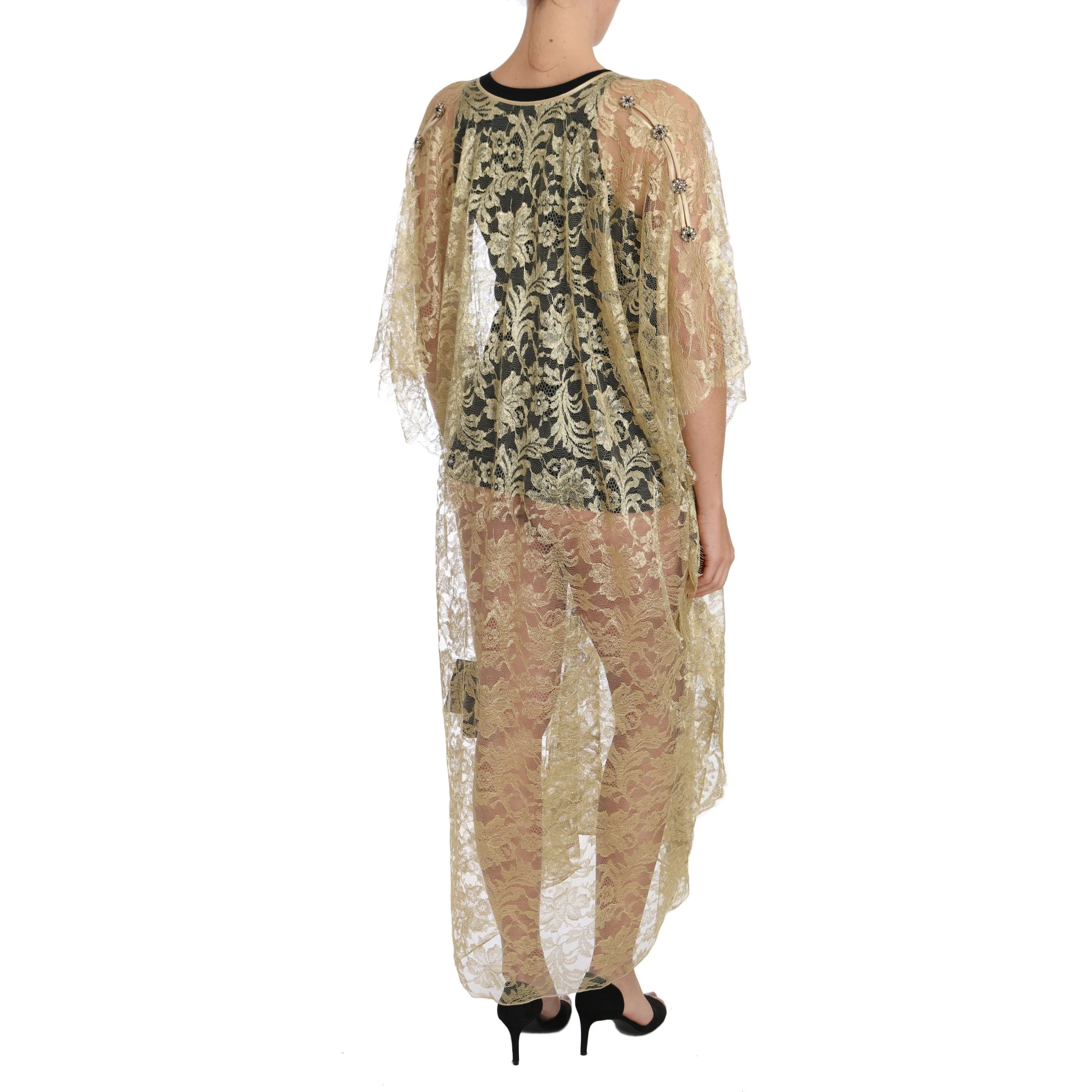 Gold Floral Lace Crystal Gown Cape Dress