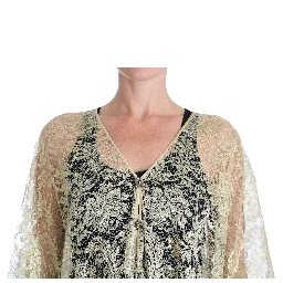 Gold Floral Lace Crystal Gown Cape Dress