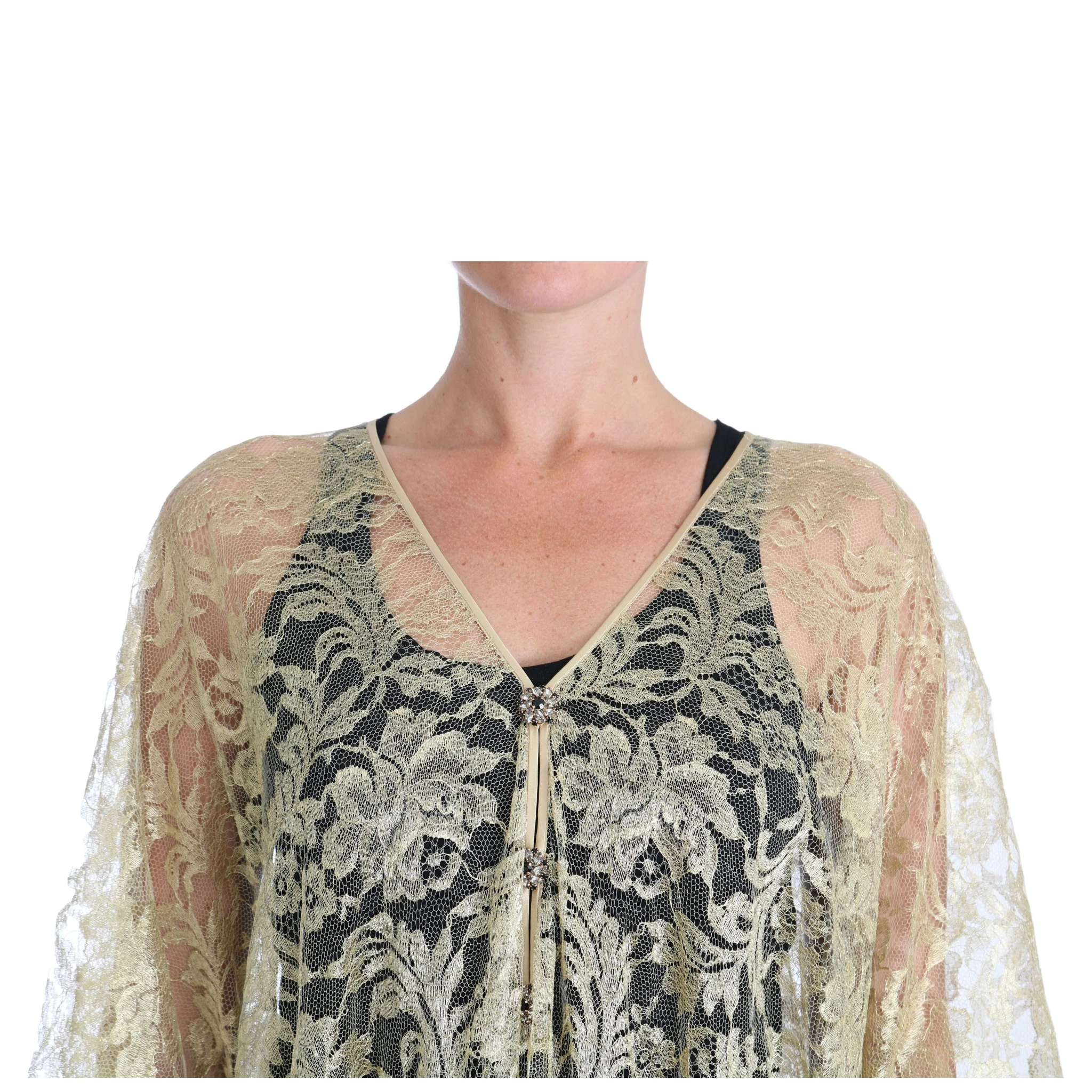 Gold Floral Lace Crystal Gown Cape Dress