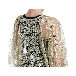 Gold Floral Lace Crystal Gown Cape Dress