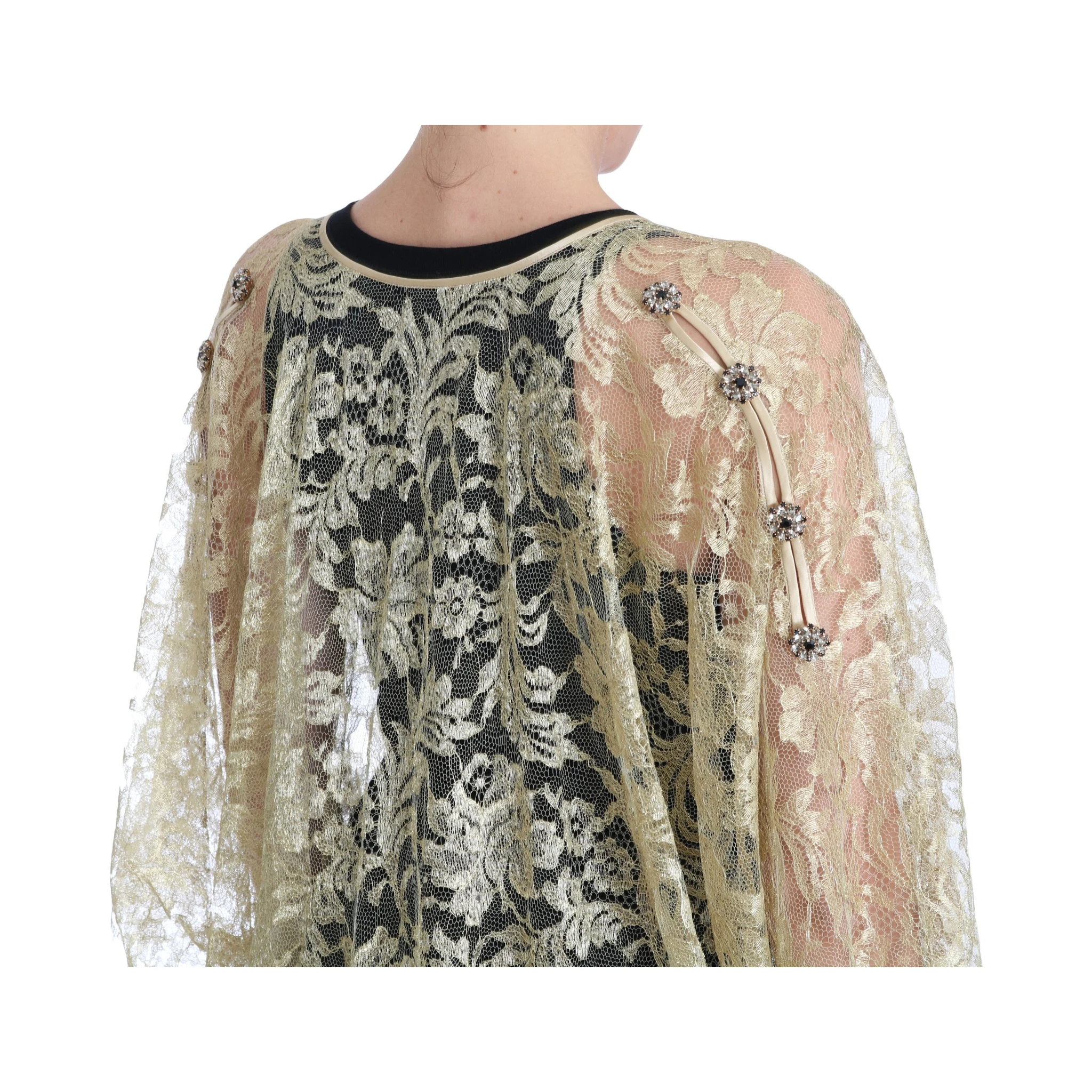 Gold Floral Lace Crystal Gown Cape Dress