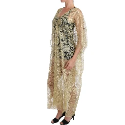 Gold Floral Lace Crystal Gown Cape Dress