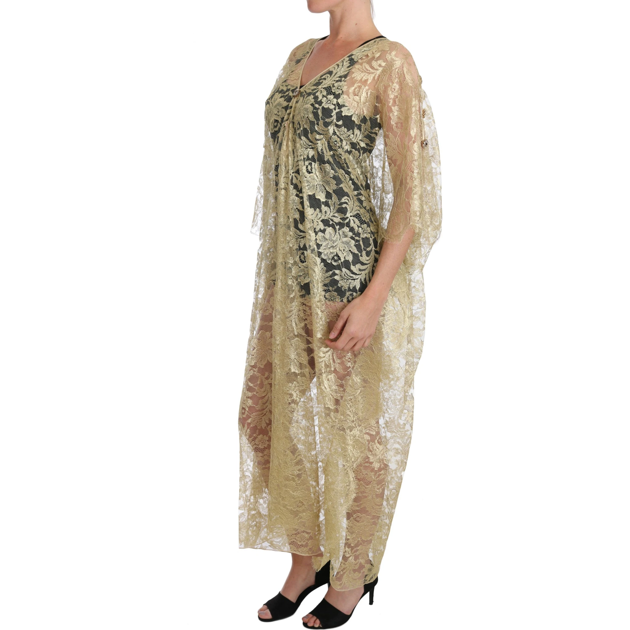 Gold Floral Lace Crystal Gown Cape Dress