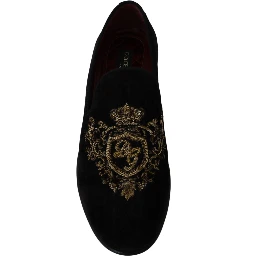 Loafers Black Velvet Gold Crown