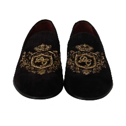 Loafers Black Velvet Gold Crown