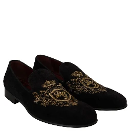 Loafers Black Velvet Gold Crown