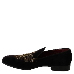 Loafers Black Velvet Gold Crown